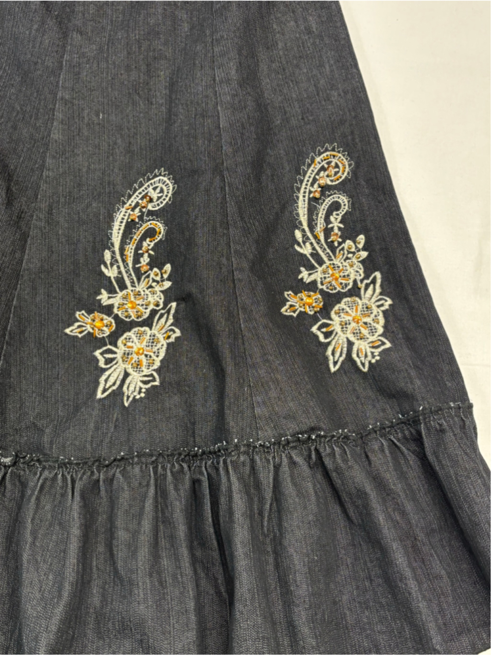 Venus Embroidered Jean Skirt Boho Western Cottagecore Ruffle Midi Size 30 - 673 - Picture 4 of 9